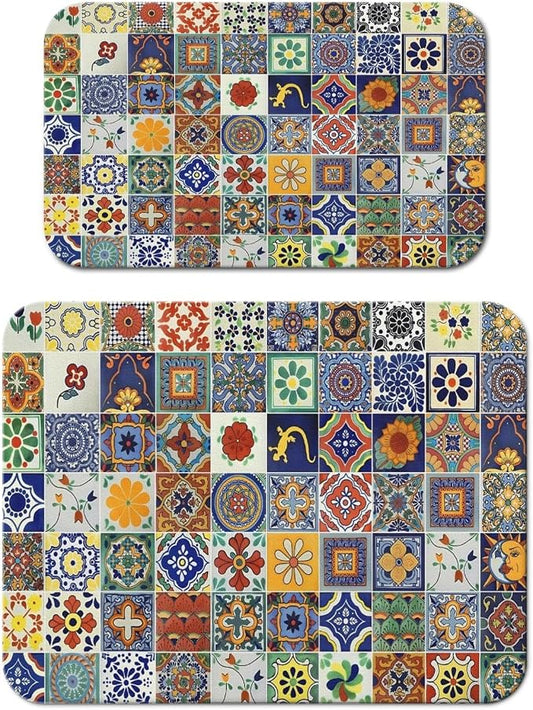 Dish Drying Mat 2-Pack with Talavera for Kitchen Counter Absorbent Dishes | Diatom Mud Mats (18x24, 19.5x12"). Non-slip rubber back for kitchen counter, coffee bar & sink scenes