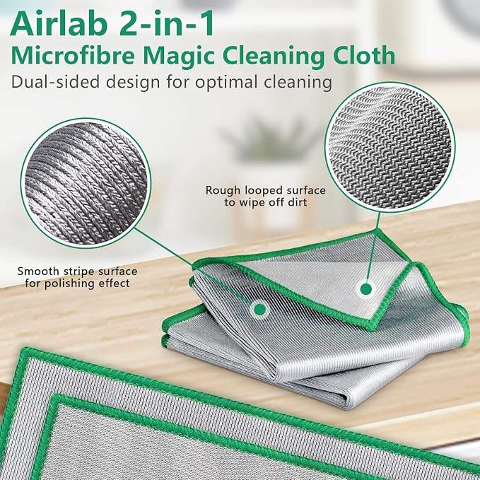 Airlab Glass Polishing Streak Free Miracle Cleaning Cloth, Sliver-Green | Lint Free Microfiber Cleaning Rags for Glasses Kitchen Dish Mirrors Easy Clean, 12 x 12 Inches, Pack of 6