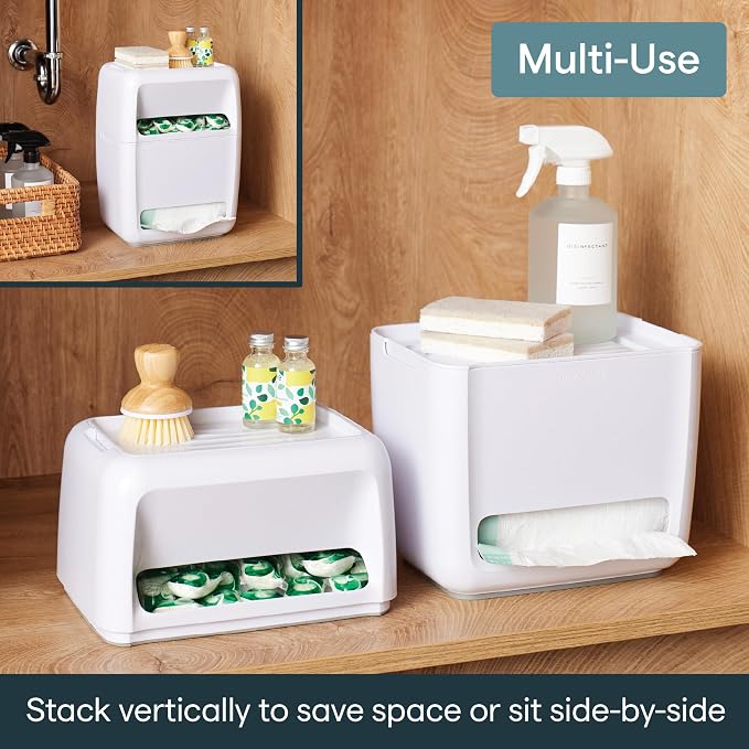 YouCopia SinkSuite Bag & Pod Dispenser, Standing Garbage Bag and Dishwasher Pod Organizer with Removable Lids for Storage, Speckled White