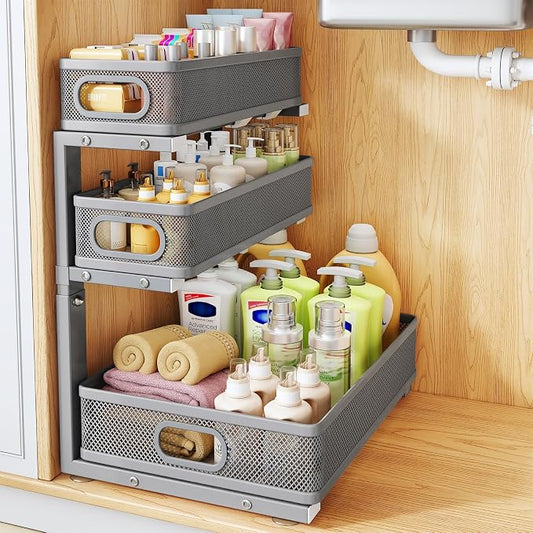 Under Sink Organizer, 3-Tier Thickened Metal Pull out Cabinet Organizer Shelf, Height Adjustable Slide out Storage Drawer Rack for Kitchen Bathroom Pantry Laundry Home Organization, 1-Pack, Grey | 35% Extra Storage Capacity, Carbon Steel, Hold Up 55lbs...