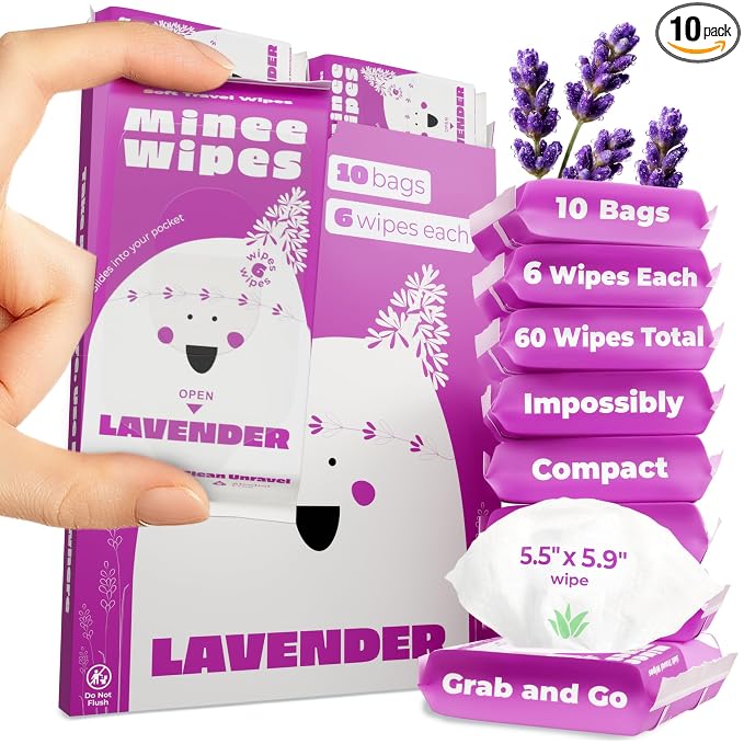 Impossibly Compact Travel Wipes - 99.5% Water - Safe for Sensitive Skin, Resealable, Thick & Durable - For Adults & Kids - Lavander, 10 Pack Total 60 Wipes