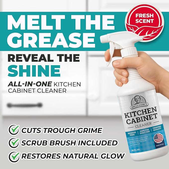 Kitchen Cabinet Cleaner – Gentle, Residue-Free and Effective Everyday Degreaser & Grime Remover for Wood, Painted and Finished Furniture - Complete with Cleaning Brush & Cabinet Cleaner Spray 32oz