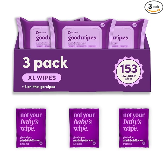 goodwipes Flushable Wipes - Lavender Wet Wipes for Adults, Sewer & Septic Safe, Guest Bathroom Essentials for Women & Men, pH Balanced & Extra Large, 153 Count (3 Packs and 3 Singles)