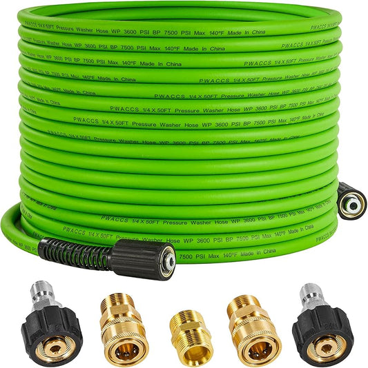 PWACCS Pressure Washer Hose, 50 FT x 1/4", 3600 PSI, M22 Fittings | Kink Resistant, Pressure Washing Extension Hose Replacement, 5 Adapters for Electric Power Washers
