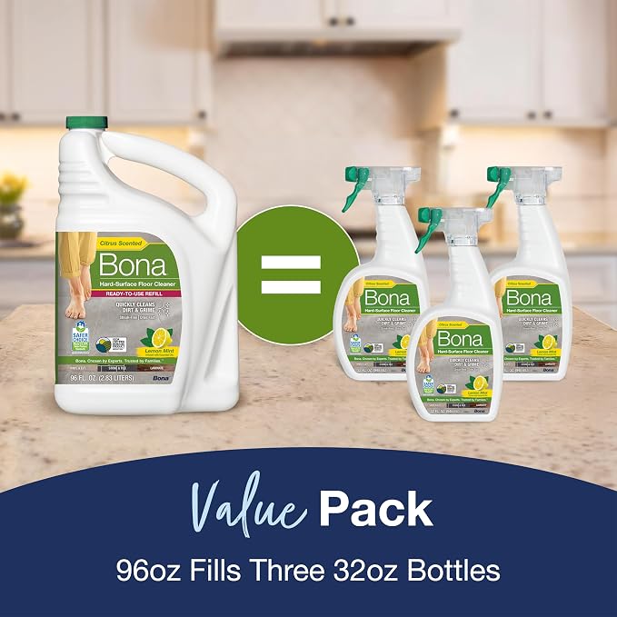 Bona Multi-Surface Floor Cleaner Refill - 96 fl oz - Lemon Mint | Residue-Free Floor Cleaning Solution refill for Spray Mop and Spray Bottles - Use on Stone, Tile, Laminate, and Vinyl Floors