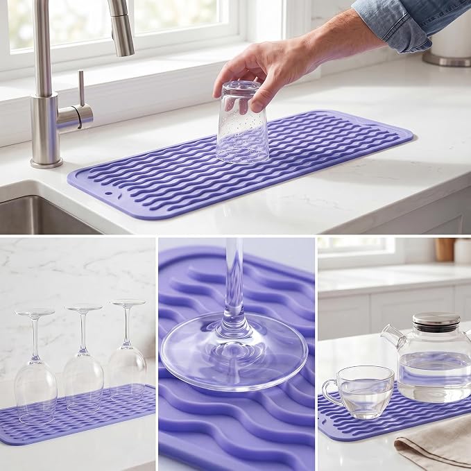 MicoYang Silicone Dish Drying Mat for Multiple Usage,Easy clean,Eco-friendly,Heat-resistant Silicone Mat for Kitchen Counter,Sink,Bar,Bottle,or Cup Light Purple M 17 inches x 6 inches