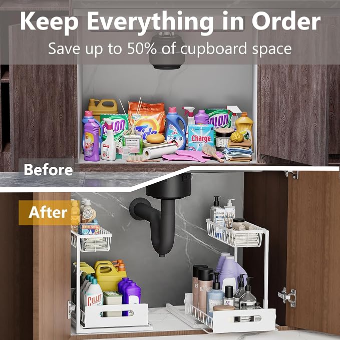 Ceetug Slide Out Under Sink Organizers and Storage, White, 2 Pack | 2 Tier, Sturdy Metal, Cabinet Organizer, for Kitchen Bathroom