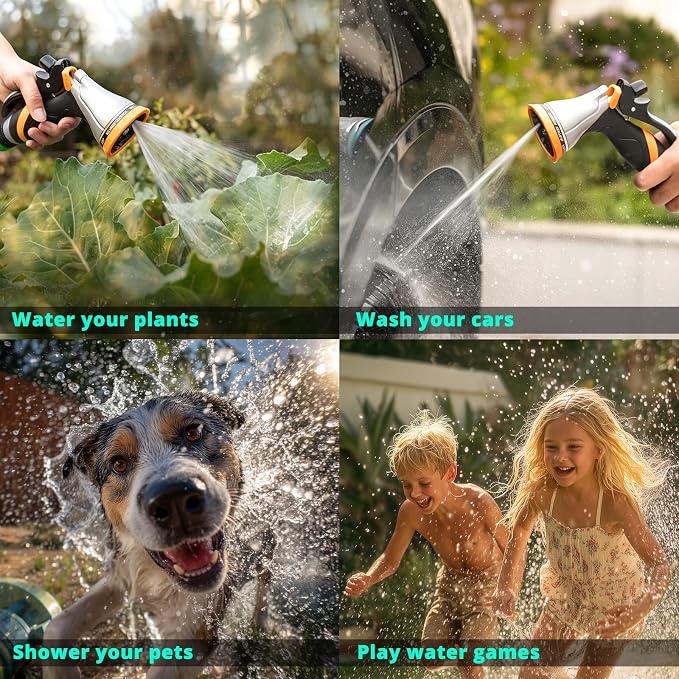 QUOBAS Metal Garden Hose Nozzle, Heavy Duty Water Hose Sprayer, Leak Proof | 10 Pattern Water Nozzle with Rubber Gasket, Garden Sprayer for Watering Plants, Washing Cars, Pet Shower, Orange, 2-Pack