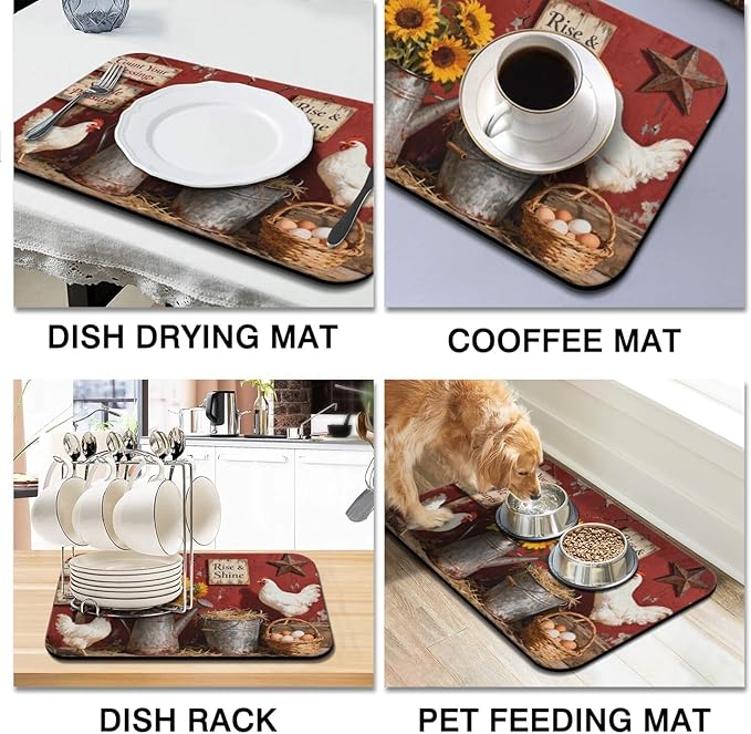 Dish Drying Mat 2-Pack in Rooster Country for Kitchen Counter Dishes Mat | Diatom Mud Mats (18x24, 19.5x12"). Non-slip rubber back for kitchen counter, coffee bar & sink scenes
