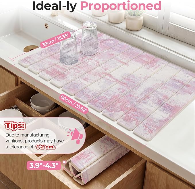 Findosom Large Stone Dish Drying Mat for Kitchen Counter, 23.6" × 15.3" Foldable Non-Slip Stone Drying Mat with Abstract Pattern, Heat Resistant Diatomaceous Earth Mat for Bath, Dishes, Cups, Pink