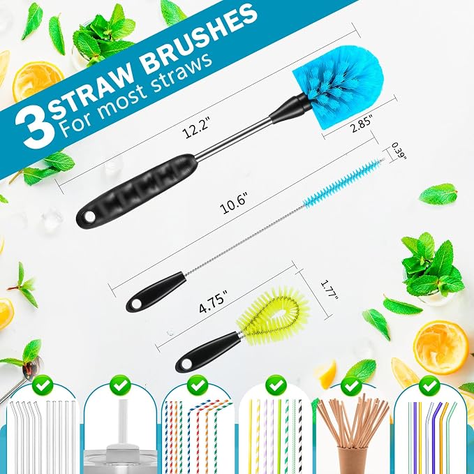 12.2 inch Bottle Brush Set of Three，Washable Coffee Cups, Water Bottles, Baby Bottles, Straws, to-go Cups, Long-Handled 3-in-1 Stainless Steel Bottle Brushes. (Yellow)