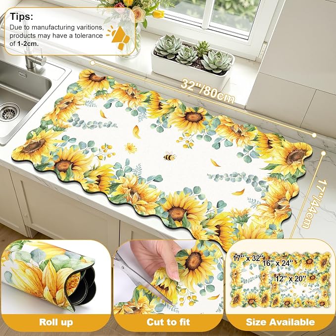 LOKHOM Scalloped Floral Dish Drying Mat, 17"x32" Super Absorbent Coffee Mat with Watercolor Yellow Sunflowers, Cuttable Hide Stain Non-slip Drying Mat for Kitchen Counter Coffee Maker Espresso Machine