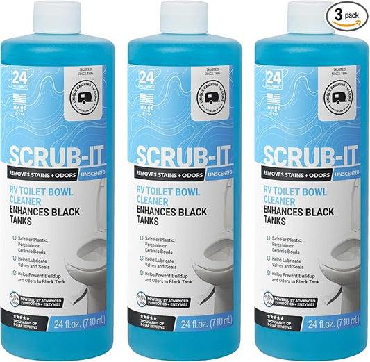 Unique Scrub-It Liquid RV Toilet Bowl Cleaner, 24 oz, 3-Pack | Cleans stains, rings, odors, & debris in RV & marine toilets; non-caustic formula for routine toilet maintenance
