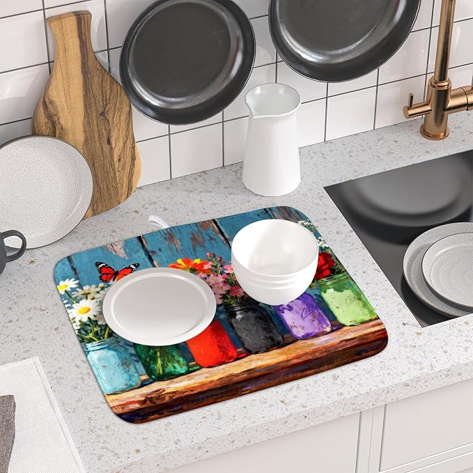 Floral Dish Drying Mat Small for Kitchen Counter 16x18, Spring Summer Farmhouse Decorative Absorbent Reversible Microfiber Kitchen Countertop Protector Dishes Drainer Pad