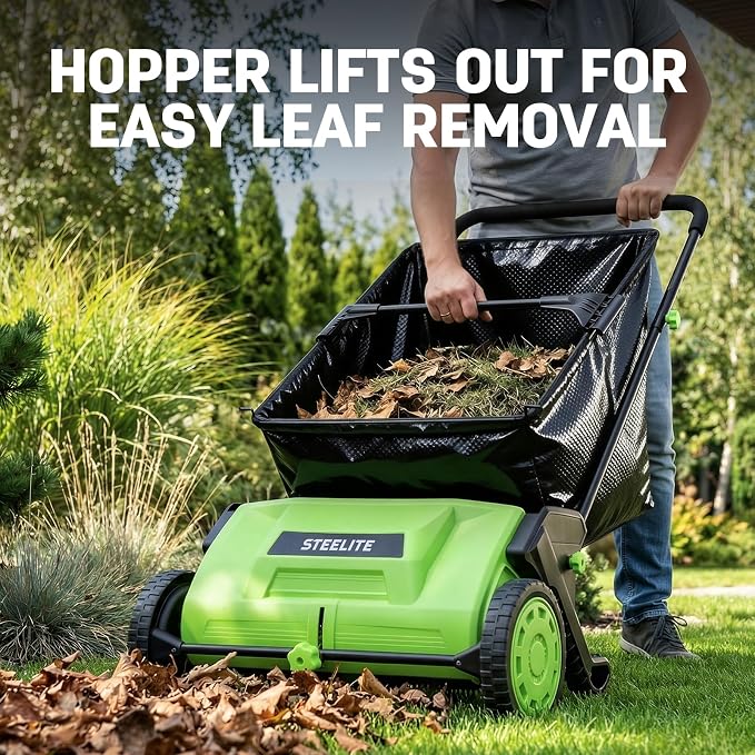 STEELITE 21inch Leaf & Grass Collector, Push Lawn Sweeper for Grass Clippings, Leaves & Debris, Manual Push Yard Sweeper with Height Adjustment & Large Collection Hopper