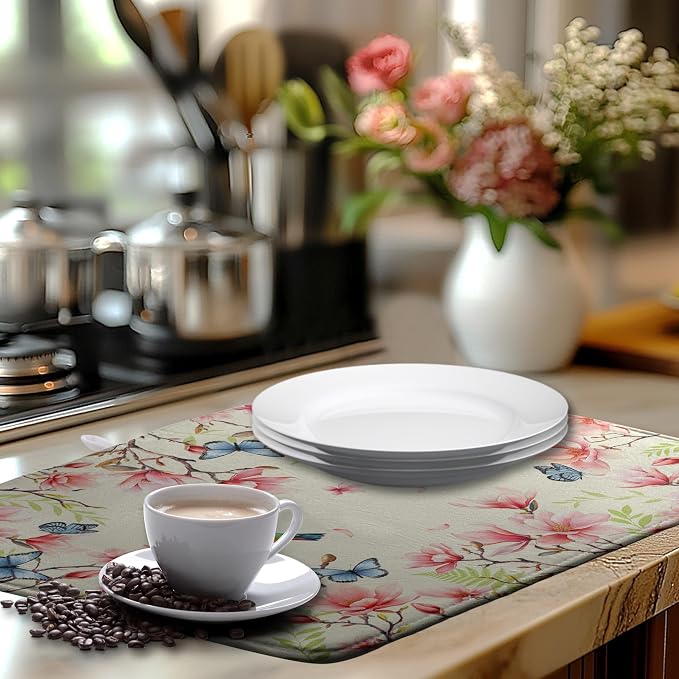 Spring Flowers Floral Dish Drying Mats Spring Summer Hummingbird Dish Mat Drying Matt Butterfly Dishes Dryer Pad for Kitchen Counter Absorbent Microfiber Washable Foldable Reusable 18x24 in