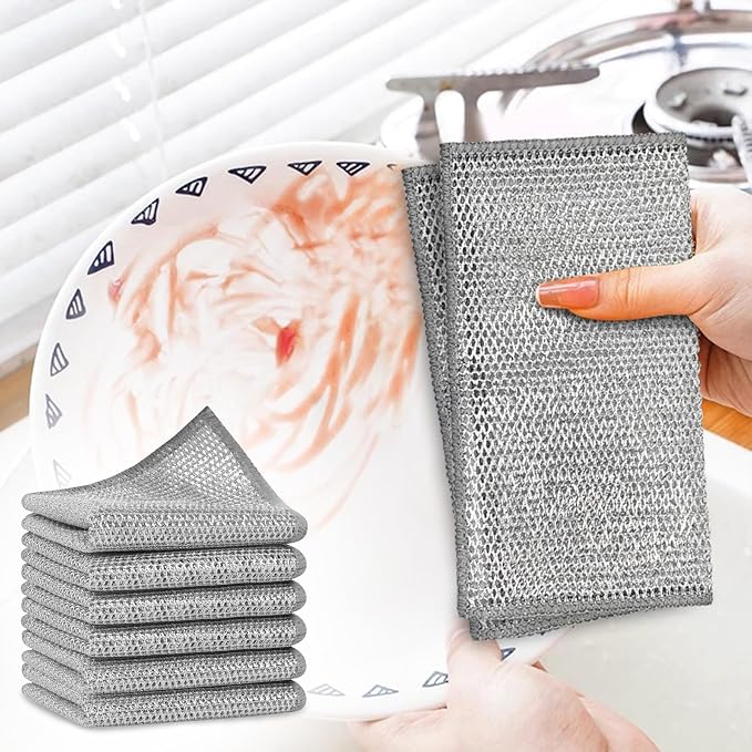 Double-Layer Steel Wire Cleaning Cloth - Non-Scratch Wire Dishcloth Rag Heavy Duty Scrub Pads Multi-Purpose Silver Mesh Scouring Pads for Dishes, Pots, Pans (20PCS)