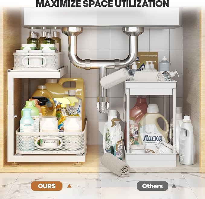 1-Pack Under Sink Storage Organizer with 2-Tier Slide Out Drawer, Sophisticated Mesh Pull Out Shelf for Kitchen & Bathroom, Fits Small Items, Upgraded Arched Track for Smooth Gliding-White