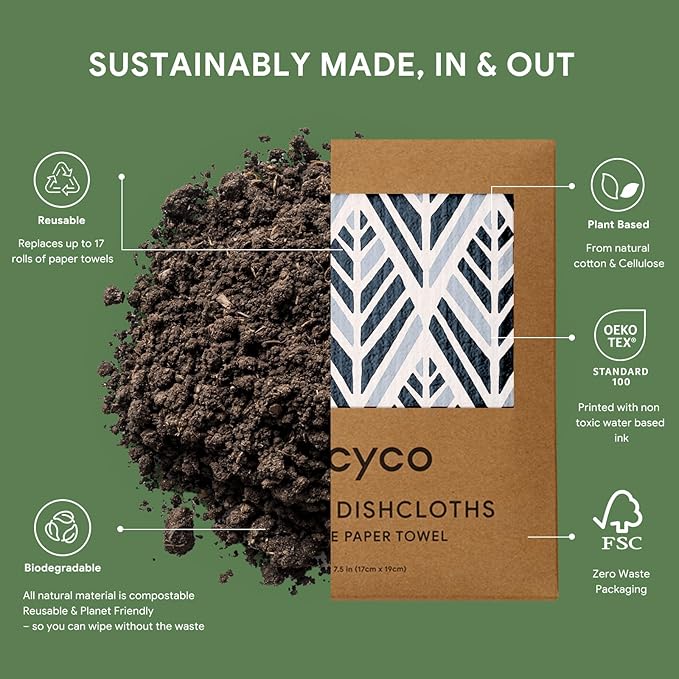 RECYCO Swedish Dishcloths for Kitchen | 5 Pack Boho Neutral Boho Washable Dish Rags | Cellulose Reusable Cleaning Paper Towels | Absorbent Counter Dish Cloth Sponge Kitchen Wipes, 8" L x 7" W