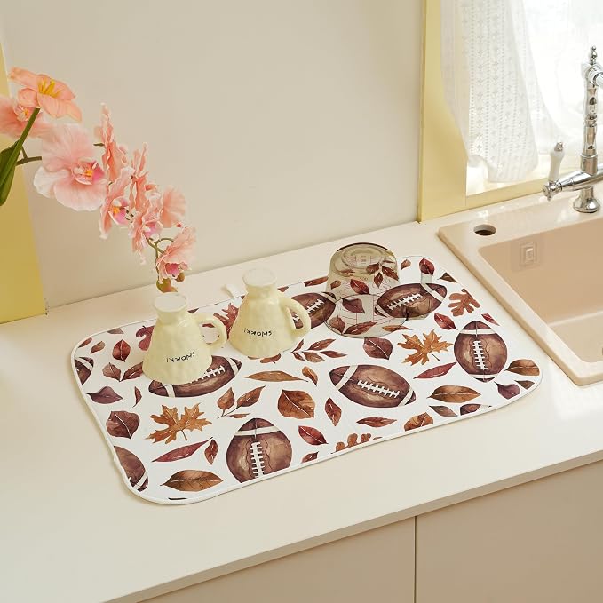 Fall Dish Drying Mat 18x24 Inches For Kitchen Counter Orange Brown Baseball Leaves Kitchen Decoration Drying Mat Decorative Autumn Leaves Drying Pad for Home Kitchen,Dining Room Decor