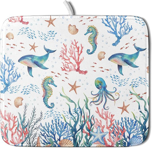 Giwawa Coastal Ocean Dish Drying Mat Seahorse Whales Drainer Rack Mats 16"x18" Absorbent Microfiber Dish Drying Pad Protector for Kitchen Counter