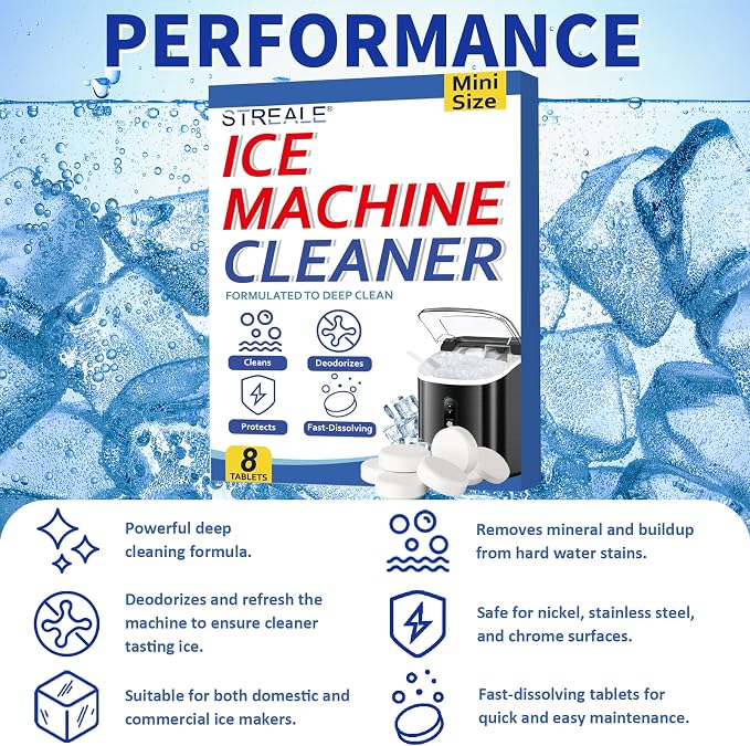 Ice Maker Cleaner and Descaler - Ice maker cleaning tablets mini size, compatible with all major brands, safe and nickel-free descaler, suitable for countertop, portable, and commercial ice makers.