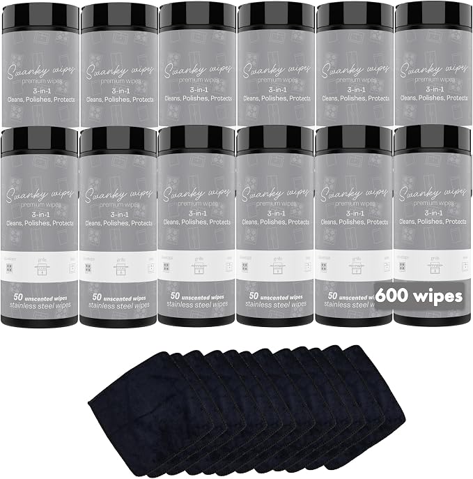 Swanky Stainless Steel Cleaner Wipes - Grime & Grease Remover Kitchen Cleaning Supplies - Clean & Shine, For Stove Top, Refrigerator, Sink, Oven, & Household Appliances - Canister, 600 Count