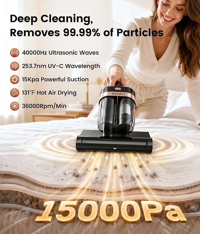 Mattress Vacuum Cleaner, 15Kpa Bed Vacuum Cleaner with UV-C Light Technology & Thermal Care, HEPA Filter & Ultrasonic, Versatile Handheld Vacuums Machine Deep Cleaner for Bed, Couch, Sofa, Crib