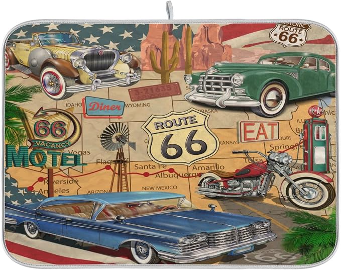 senya Super Absorbent Dish Drying Mat, Microfiber Fast-Drying Dish Mat, 24'' x 18'', Kitchen Dish Drying Pad, Retro Route 66 Poster, (g289343280p523c558s1114)