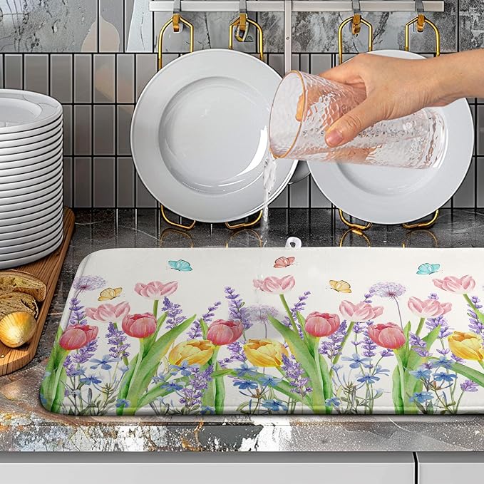Spring Floral Dish Drying Mat for Kitchen Counter Tulip Lavender Flower Dishes Pad Absorbent Microfiber Dish Draining Mat Washable Dish Drainer Rack Mats Extra Large 18"x24"