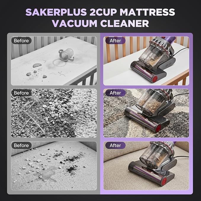 SakerPlus Mattress Vacuum Cleaner, Bed Vacuum with Smart Dust Sensor, Strong Suction, Dual Dust Cup and Washable Rolling Brush for Bed, Mattress, Sofa, Couch and Pet Hair