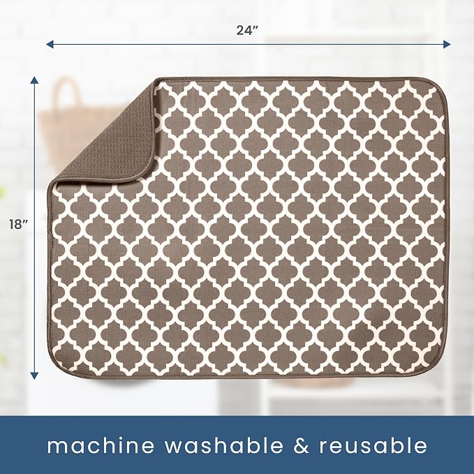 S&T INC. Dish Drying Mat XL, 18” x 24”, Absorbent Microfiber Kitchen Counter Mat, Dish Drying Pad for Dishes, Utensils, Pots and Pans, Extra Large, Taupe Trellis
