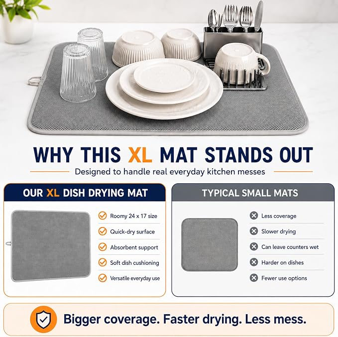 Dish Drying Mat 24 x 17 in, Large Microfiber Drying Mats, Absorbent Quick Dry Pad for Kitchen Counter, Countertop Protector for Dishes, Pots & Pans, Machine Washable, Gray (2 PCS)