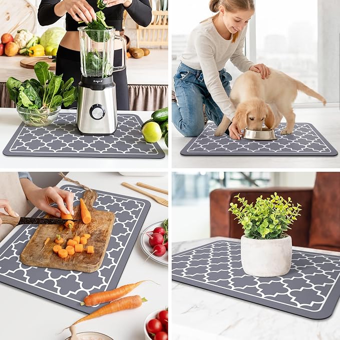 WISELIFE Dish Drying Mat Super Absorbent Drying Mat Large Dish Drying Mats for Kitchen Counter Easy Clean Dish Mat Kitchen Drying Mat16"x 24" Stylish Grey