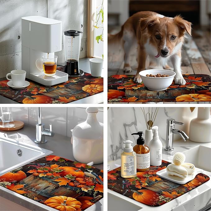 Fall Pumpkin Maple Leaf Bird Dish Drying Mat for Kitchen Counter 18x24 Inch Autumn Harvest Reversible Microfiber Drying Mats Thanksgiving Drying Pad Orange Brown Super Absorbent Dish Drainer Mats