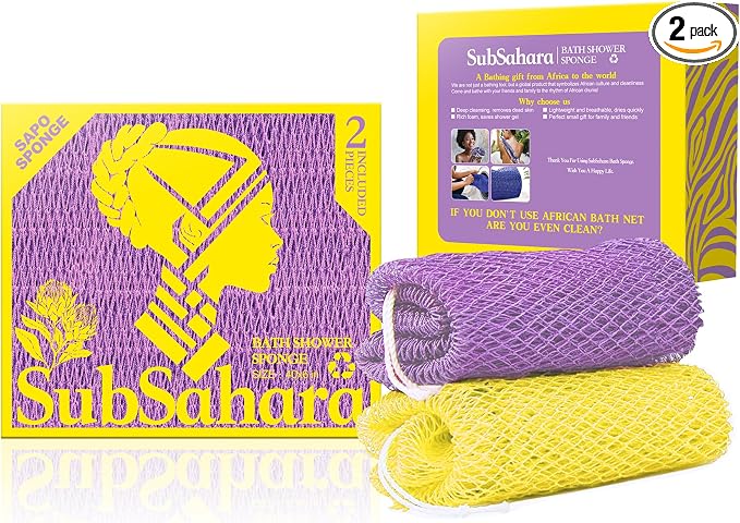 SubSahara Authentic African Net Sponge - 2 Pack Exfoliating Bath & Shower Loofah Sponge for Body & Face, Gentle Scrubber for All Skin Types, Travel, Durable (Lavender Purple & Bright Yellow)