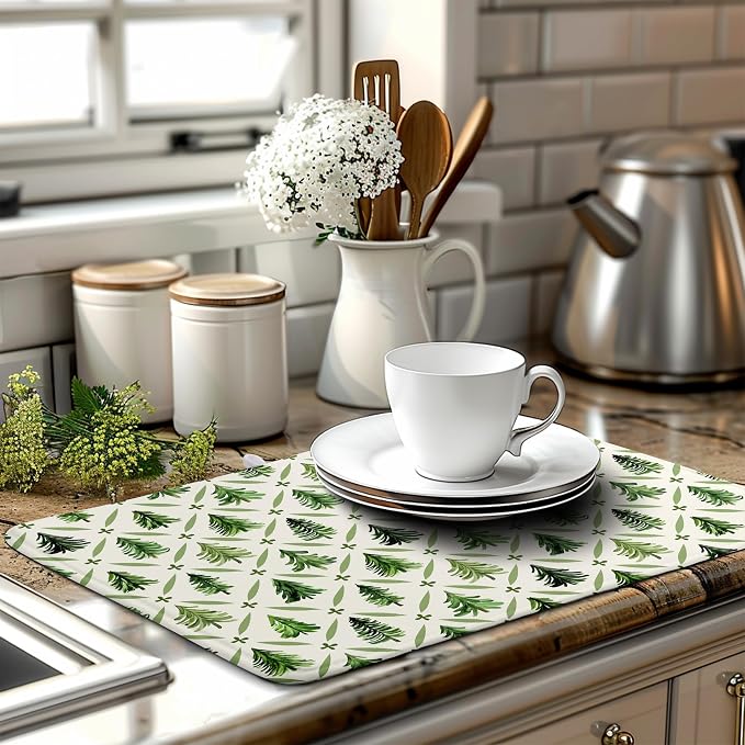 Christmas Dish Drying Mat for Kitchen Counter 18x24 Inch Sage Green Xmas Tree Drying Pad Winter Holiday Dish Draining Mat Microfiber Absorbent Dish Drainer Rack Mat for Coffee Bar