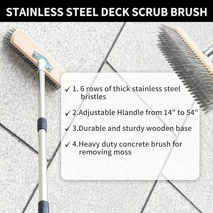 Stainless Steel Wire Scrub Brush with Long Handle, Heavy Duty Floor Scrubber Brush, Moss Remover Wire Broom for Deck, Rough Surface, Concrete Floor, Patio, Garden, Garage