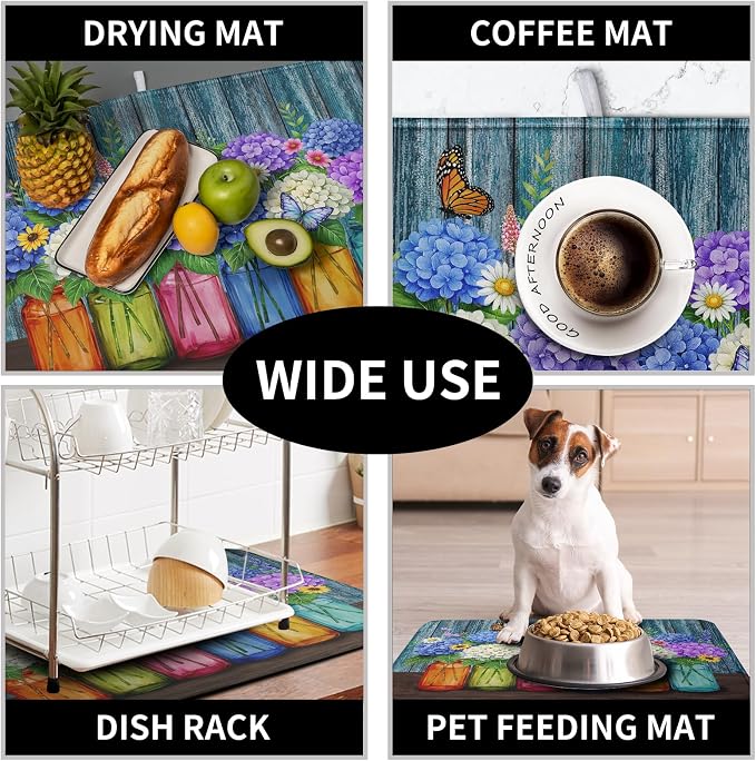 Hydrangea Dish Drying Mat Spring Summer Floral Jars Kitchen Drying Mats for Countertops Vintage Flower Vases Dish Draining Mat Microfiber Absorbent Dish Rack Pad 18x24 Inch