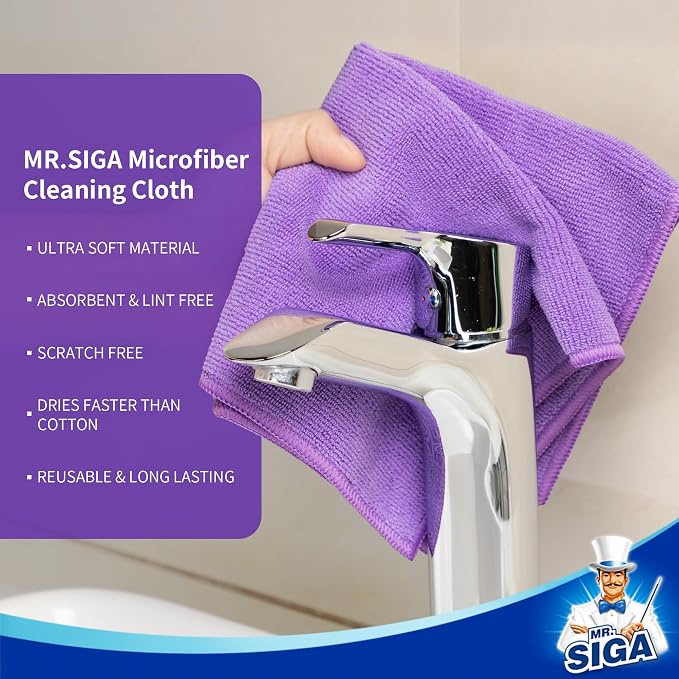 MR.SIGA Microfiber Cleaning Cloths, Streak Free Microfiber Towels, 12 Pack | All-purpose microfiber cloths, ultra absorbent, reusable household cleaning towels, Purple, 32 x 32 cm(12.6 x 12.6 inch)