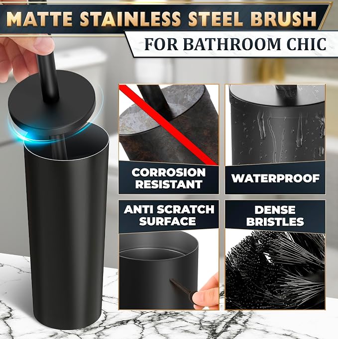 Stainless Steel Toilet Brush and Holder Set, Splash Guard (Black) | Matte Black Toilet Brush and Holder Set, Removable Bowl, Dense Bristles, Long Handle, Scratch Resistant, for Modern Bathrooms