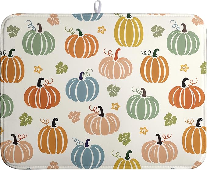 Fall Pumpkin Dish Drying Mats Thanksgiving Dish Mat Autumn Maple Leaves Drying Matt Dishes Dryer Pad for Kitchen Counter Absorbent Microfiber Washable Foldable Reusable 18x24 in