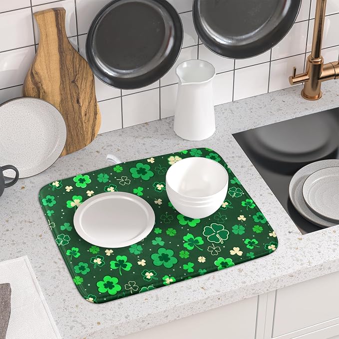 Happy St. Patrick's Day Dish Drying Mat for Kitchen Green Lucky Shamrock Clover Dish Drying Mat for Dishes Spring Irish Drying Mats 18x16 Inch Absorbent Reversible Dish Pad for Countertop Coffee Bar
