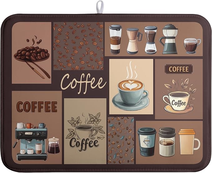 Coffee Theme Dish Drying Mats for Kitchen Counter Absorbent Microfiber Dish Drainer Mats Brown Pattern Coffee Bar Mat for Countertop Washable Dishes Drying Pad Extra Large 18x24 Inch