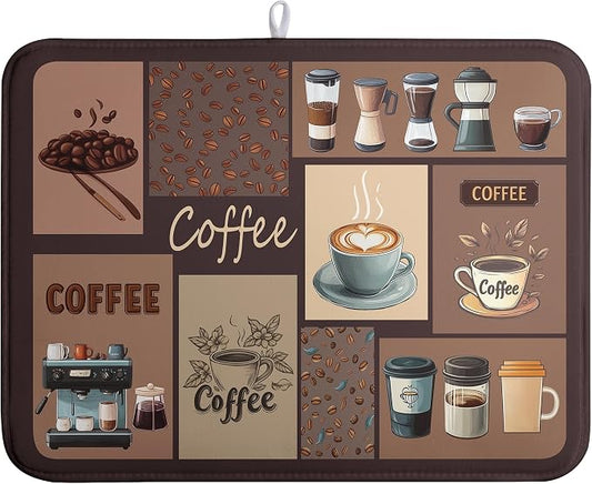 Coffee Theme Dish Drying Mats for Kitchen Counter Absorbent Microfiber Dish Drainer Mats Brown Pattern Coffee Bar Mat for Countertop Washable Dishes Drying Pad Extra Large 18x24 Inch