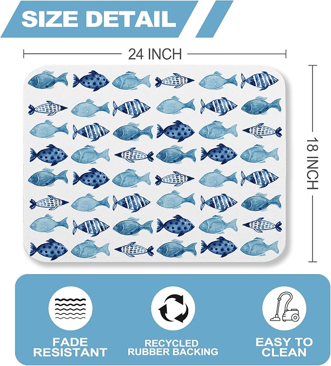 Blue Fish Dish Drying Mat for Kitchen Counter Sink, Summer Beach Absorbent Microfiber Drying Pad, Reversible Waterproof Countertop Mat for Kitchen Decor