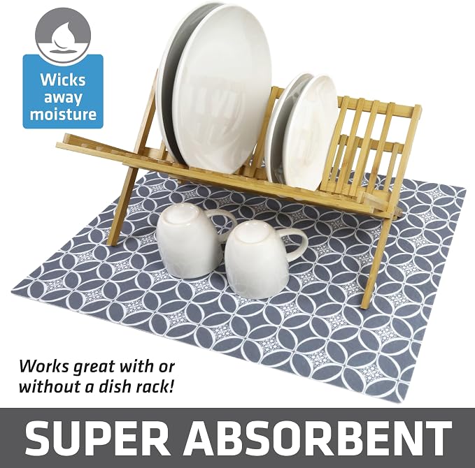 Drymate Jumbo XL Dish Drying Mat (19”x24”), Low-Profile, Super Absorbent, Quick Dry Fabric, Waterproof & Slip-Resistant, for Kitchen Counter, Trimmable, Easy to Clean (USA Made)(Indigo Grey)