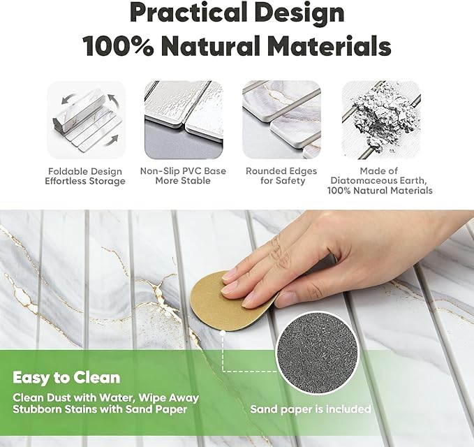 Stone Drying Mat for Kitchen Counter, Quick Diatomaceous Earth Mats for Dishes, 24"L x 16" W Super Absorbent Fast-Drying Collapsible Countertop Stone Mat (Marble White-04, 24" x 16")