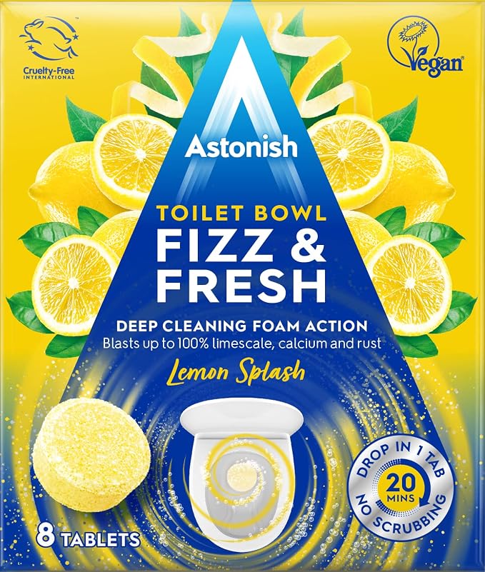 Astonish Foaming Lemon Splash Fizz & Fresh Bathroom Toilet Bowl Cleaner - Deep Cleaning Limescale, Calcium & Rust Stain Remover- No Spray Bottle Needed, Removes Hard to Reach Stains, 8 Tablets