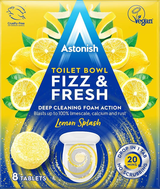 Astonish Foaming Lemon Splash Fizz & Fresh Bathroom Toilet Bowl Cleaner - Deep Cleaning Limescale, Calcium & Rust Stain Remover- No Spray Bottle Needed, Removes Hard to Reach Stains, 8 Tablets